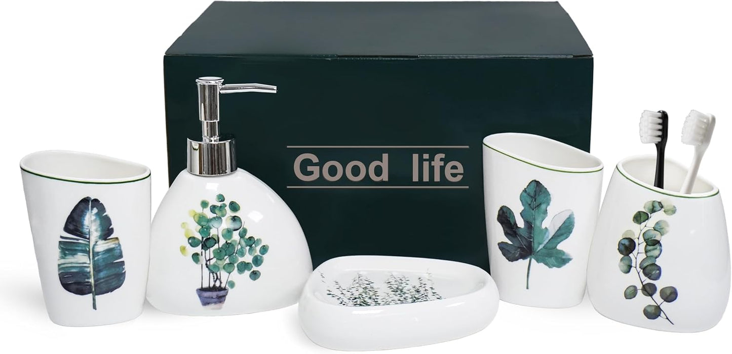 5 Piece Ceramic Bathroom Accessory Set with Botanical Pattern, Includes Soap Dispenser, Toothbrush Holder, Soap Dish & 2 Mouthwash Cups, Modern Elegant Countertop Decor for Bathroom Vanity