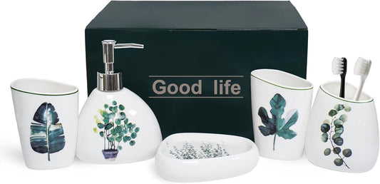 5 Piece Ceramic Bathroom Accessory Set with Botanical Pattern, Includes Soap Dispenser, Toothbrush Holder, Soap Dish & 2 Mouthwash Cups, Modern Elegant Countertop Decor for Bathroom Vanity