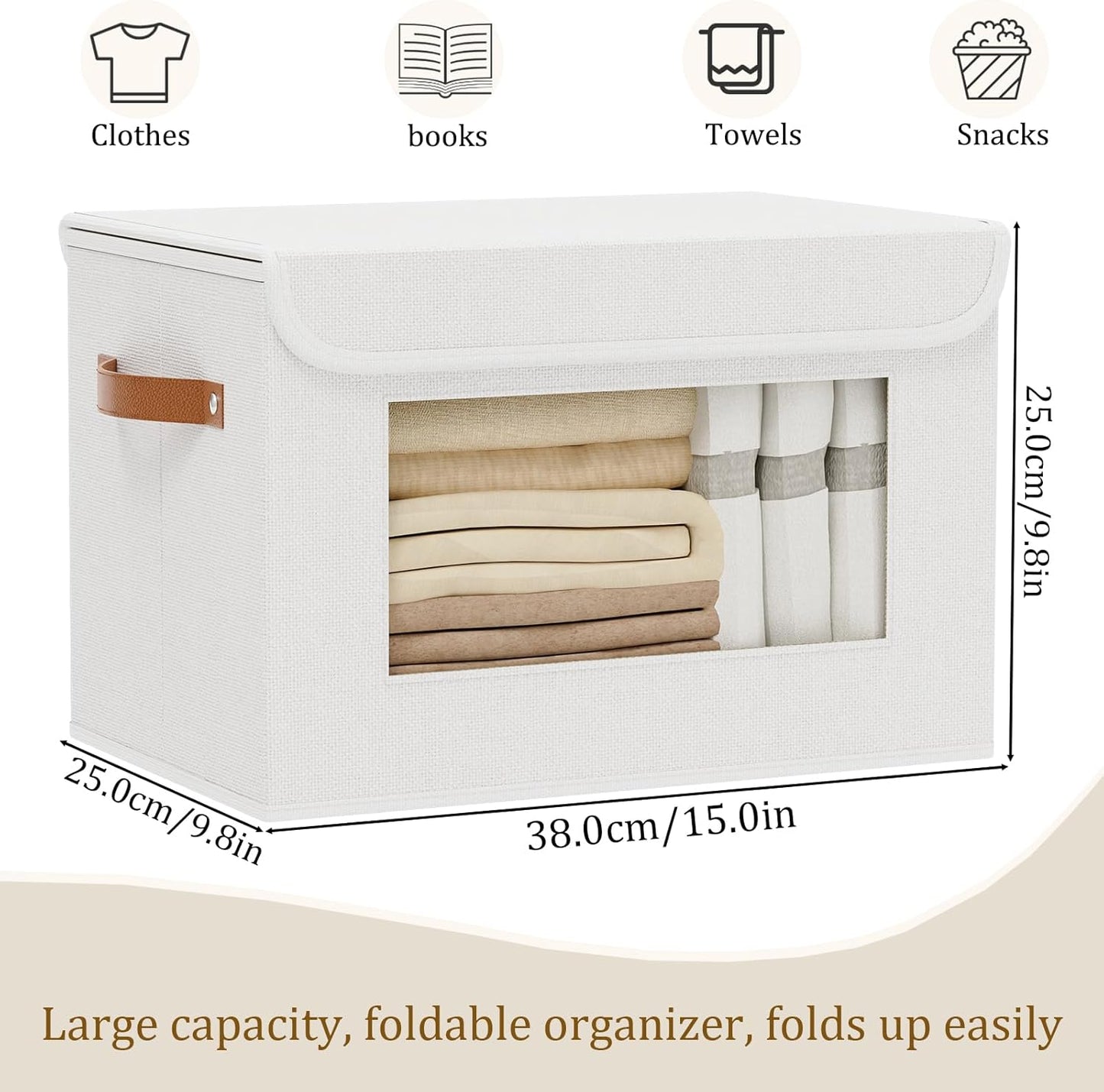 Storage boxes, Blanket Baskets for Shelves with Lids, Fabric Cubes with Handles, Decorative Linen Closet Organizers Bins, White, 15 x 9.8 x 9.8 inch, 3-Pack