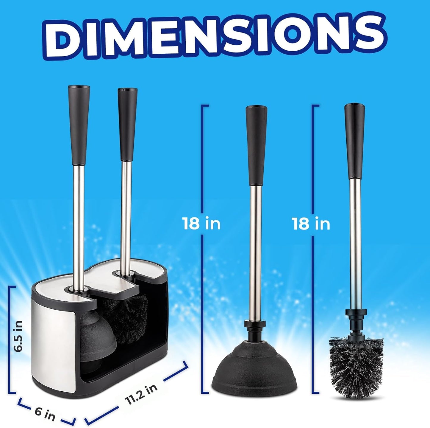 UMIEN 2 Pack Toilet Brush and Plunger Set 18-in - Updated 2025 No-Rust - Stainless Steel Design - Long Handles - with Freestanding Canister (Satin Nickel)