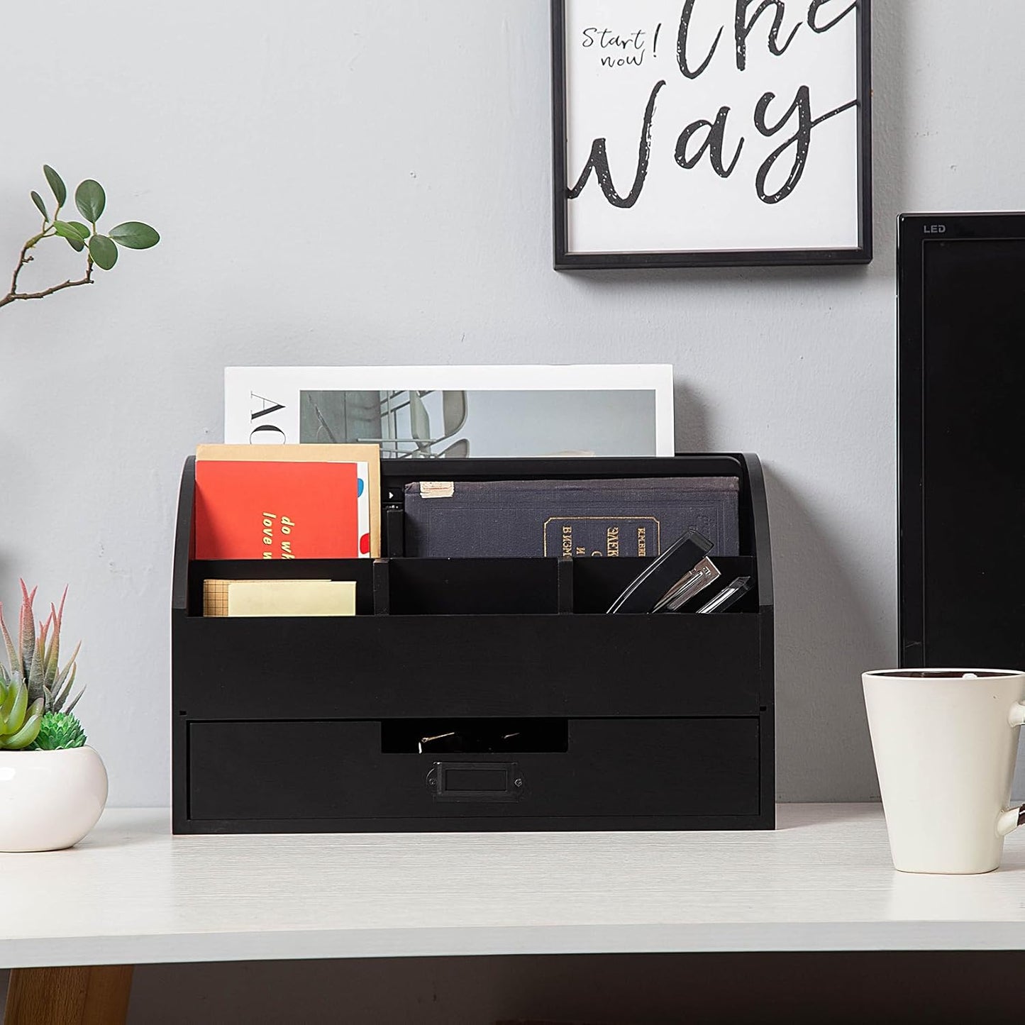 canwedance Distressed Rustic Wooden Office Desk Organizer 5 Compartment with 2 Drawer &Counter Desk Tabletop Desktop Mail Rack, Pens, Notebooks, Folders, Pencils and Office Supplie(black)