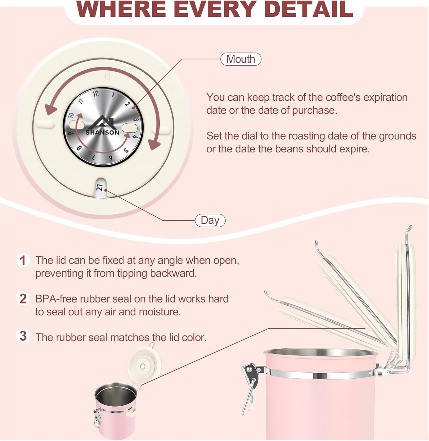 ShanSon Coffee Canister Airtight Coffee Container Stainless Steel Coffee Bean Storage Container with Scoop Coffee Canister for Beans Grounds Sugar Flour Tea Cereal,11OZ, Pink