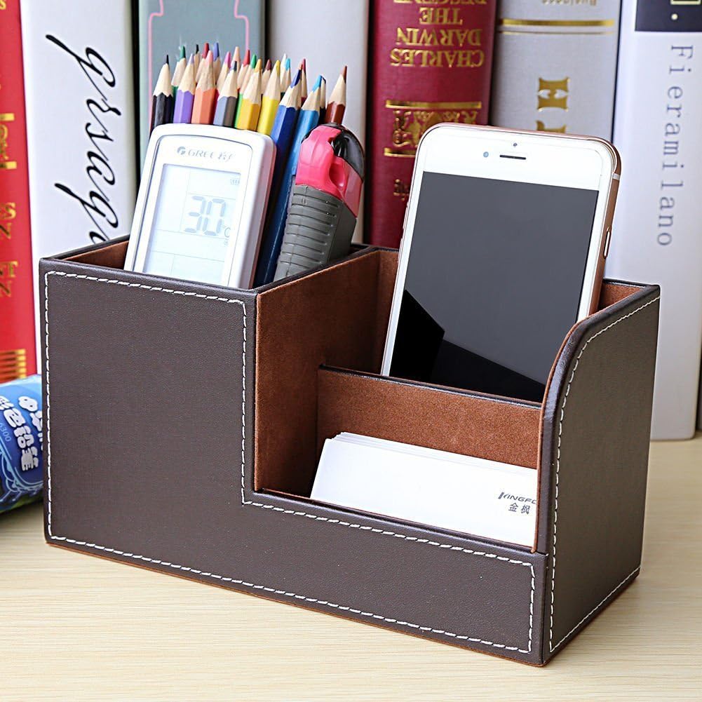 KINGFOM Desk Organizer Office Supplies Caddy Pu Leather Multi-function Storage Box Pen/Pencil,Cell phone, Business Name Cards Remote Control Holder Brown