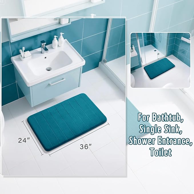 Yimobra Large Bath Mat 36"x24", Super Soft Quick Dry Memory Foam Bathroom Rug, Water Absorbent, Non Slip Backing Machine Washable for Tub Shower, Thick Comfort Support, Peacock Blue