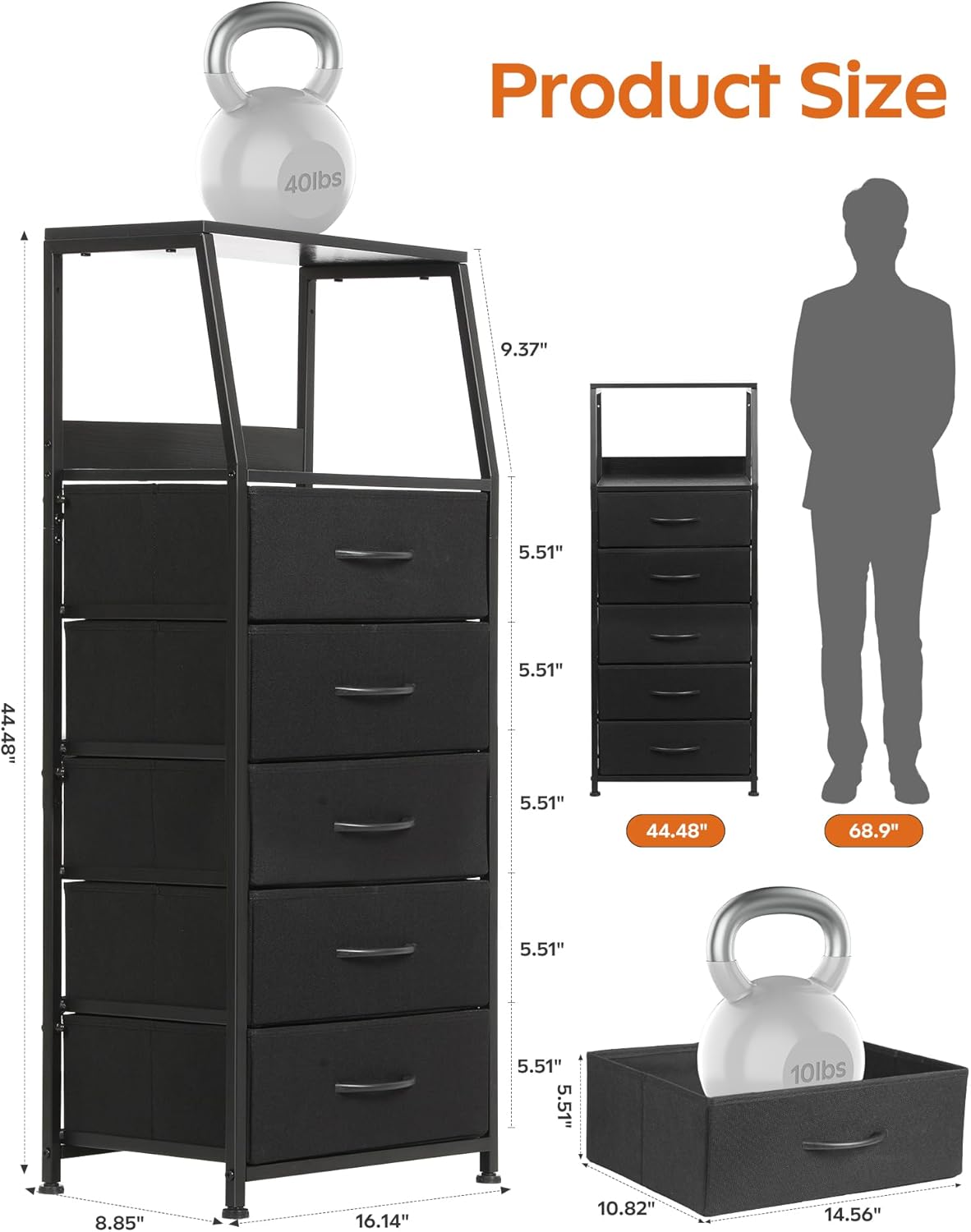 Dresser for Bedroom, Fabric Nightstand Tall Dresser & Chests of Drawers with 5 Drawers, Vertical Organizer Storage, Hallway, Entryway Black