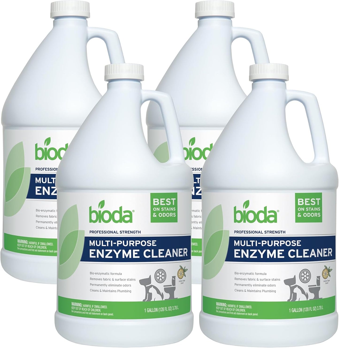 Bioda Multi-Purpose Probiotic Enzyme Cleaner and Deodorizer | Professional Strength | Trash Can Deodorizer, Pet Stains and Odors, Drains, Floors, Bathrooms, Toilets | Made in USA | 1 Gallon | 4 Pack