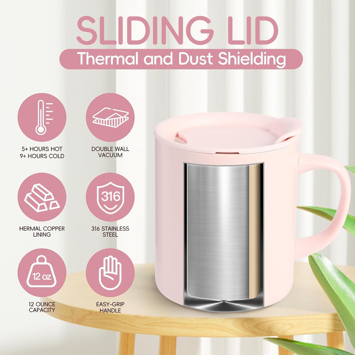 12oz Coffee Mug,Insulated Camping Mug with Lid,Double Wall Stainless Steel Travel Coffee Cup with Handle, Vacuum Reusable Coffee Tumbler Cup for Home, Office, Camping - Pink