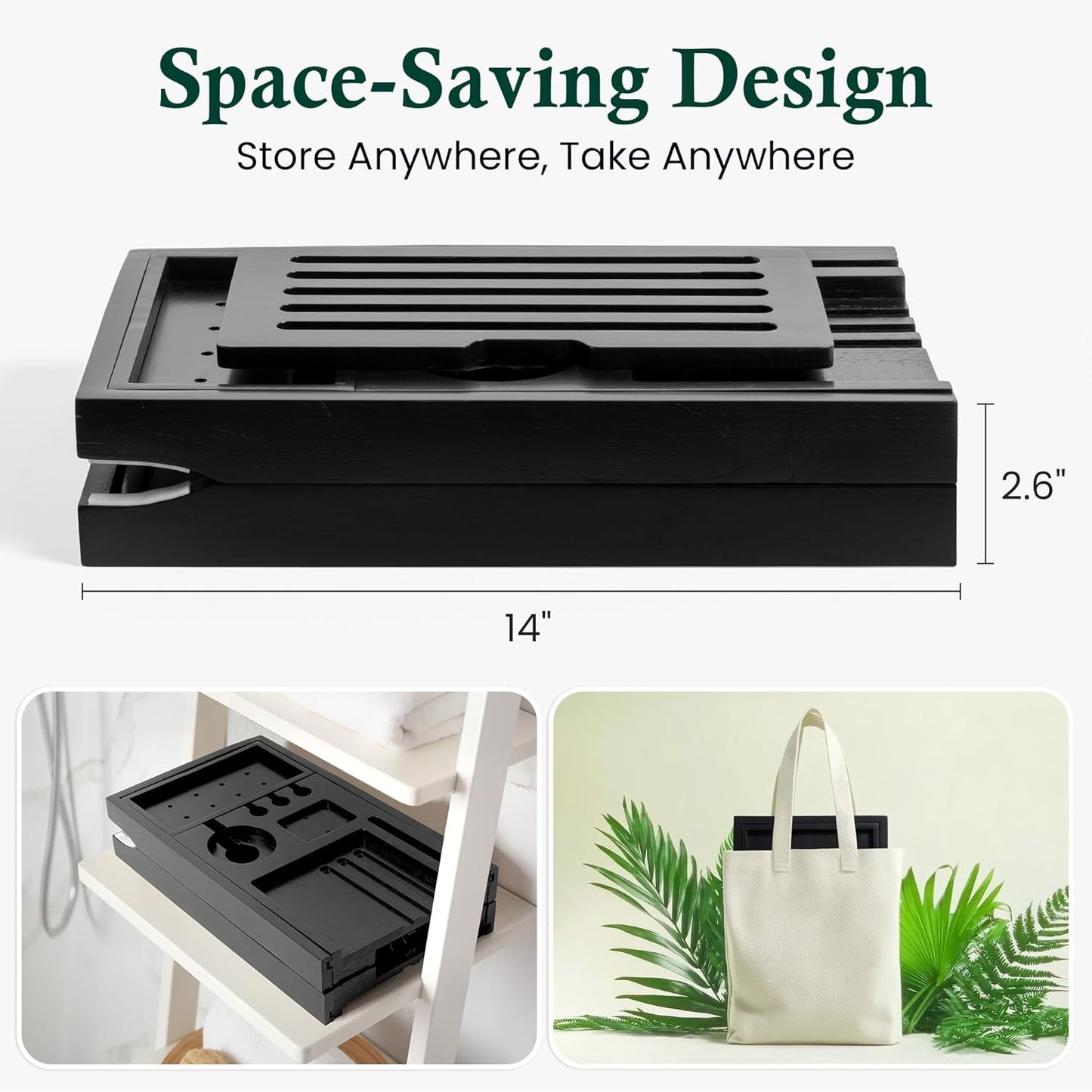 Bamboo Bathtub Tray Caddy - Splash-Proof Adjustable (28.5-40") with Wine Holder, Tablet Stand & Non-Slip Grip | Spa-Grade Organizer for Bath Essentials & Reading- Black