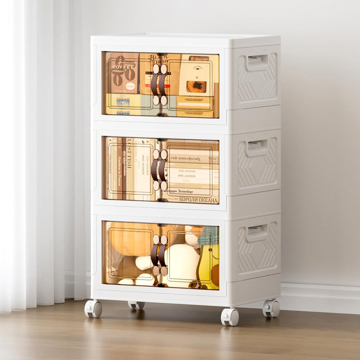 JEKO&JEKO 107Qt Stackable Storage Bins with Lids and Wheels, Foldable Collapsible Plastic Boxes for Clothes, Home, White, 3 Pack