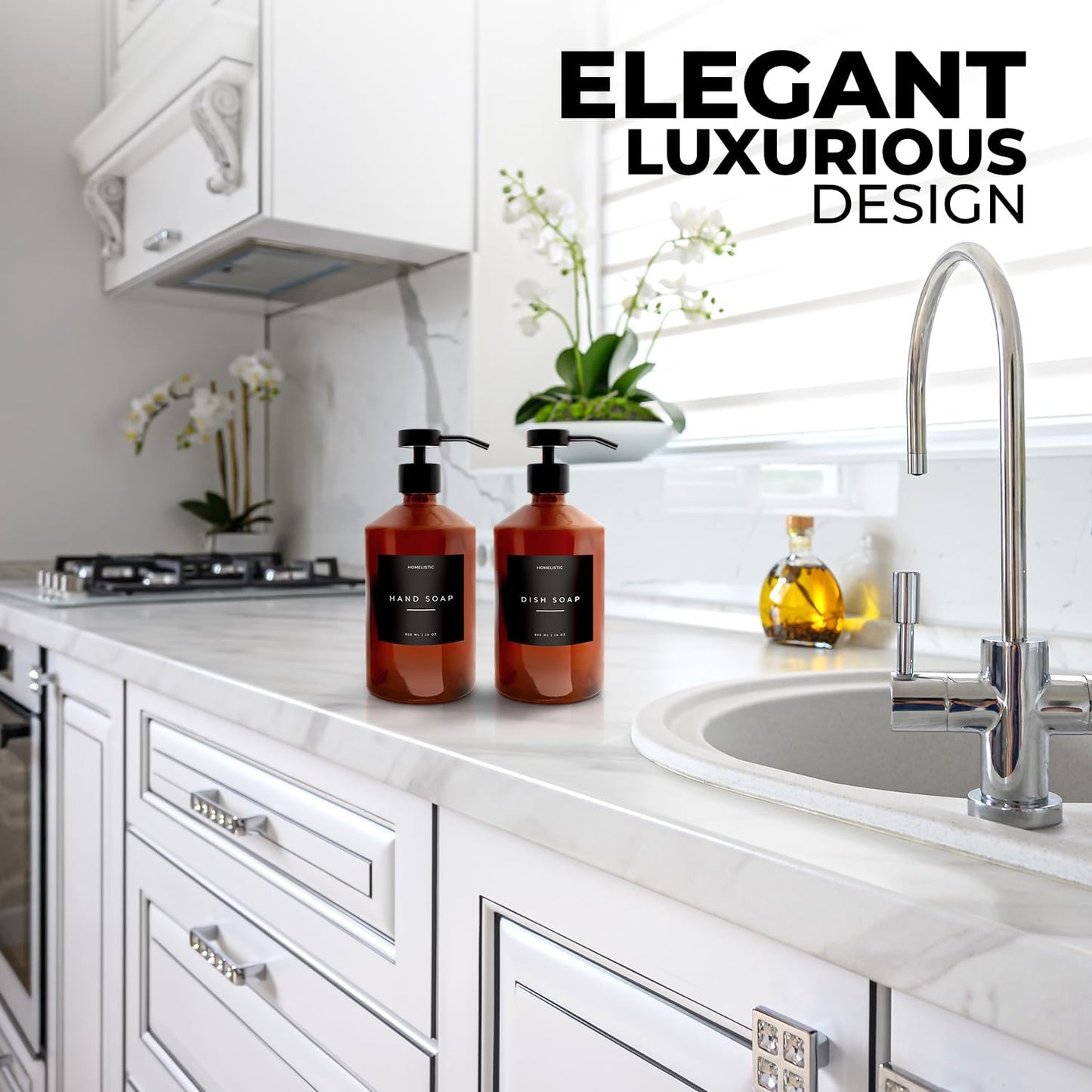 Luxury Glass Soap Dispenser Set of 2 - Elegant Amber Bottles with Matte Black Pumps, Ideal for Kitchen and Bathrooms, Perfect Glass Pump for Modern Homes.