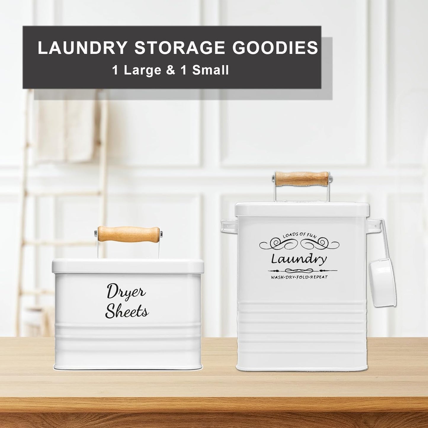 SSTATES Laundry Room Organization Set, Metal Laundry Detergent Pods Container and Dryer Sheet Holder with Lid, Laundry Powder Storage Bin with Scoop for Farmhouse Decor, (2 Pack, White)
