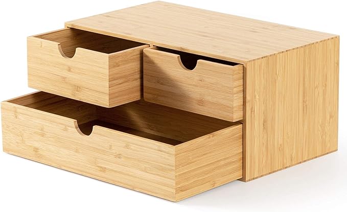 Wisuce Bamboo Desk Organizer - Mini Desktop Drawer Tabletop Storage Organization Box for Office Home Toiletries Supplies, No Assembly Required (3 Drawer)