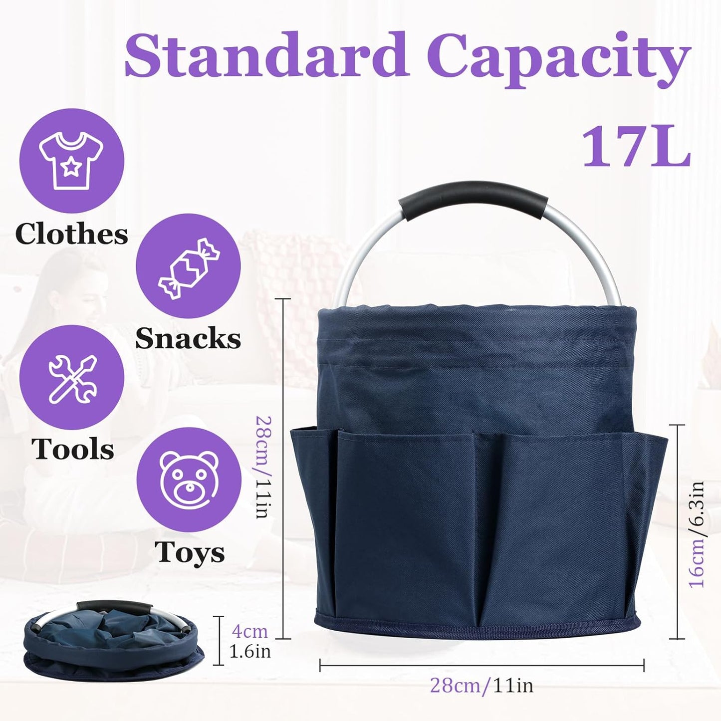 17L Cleaning Caddy with Handle, Portable Shower Caddy in 600D Oxford Fabric, Bucket Tool Organizer with 6 Side Pockets, Collapsible Storage Basket for Cleaning, Camping, Navy Blue