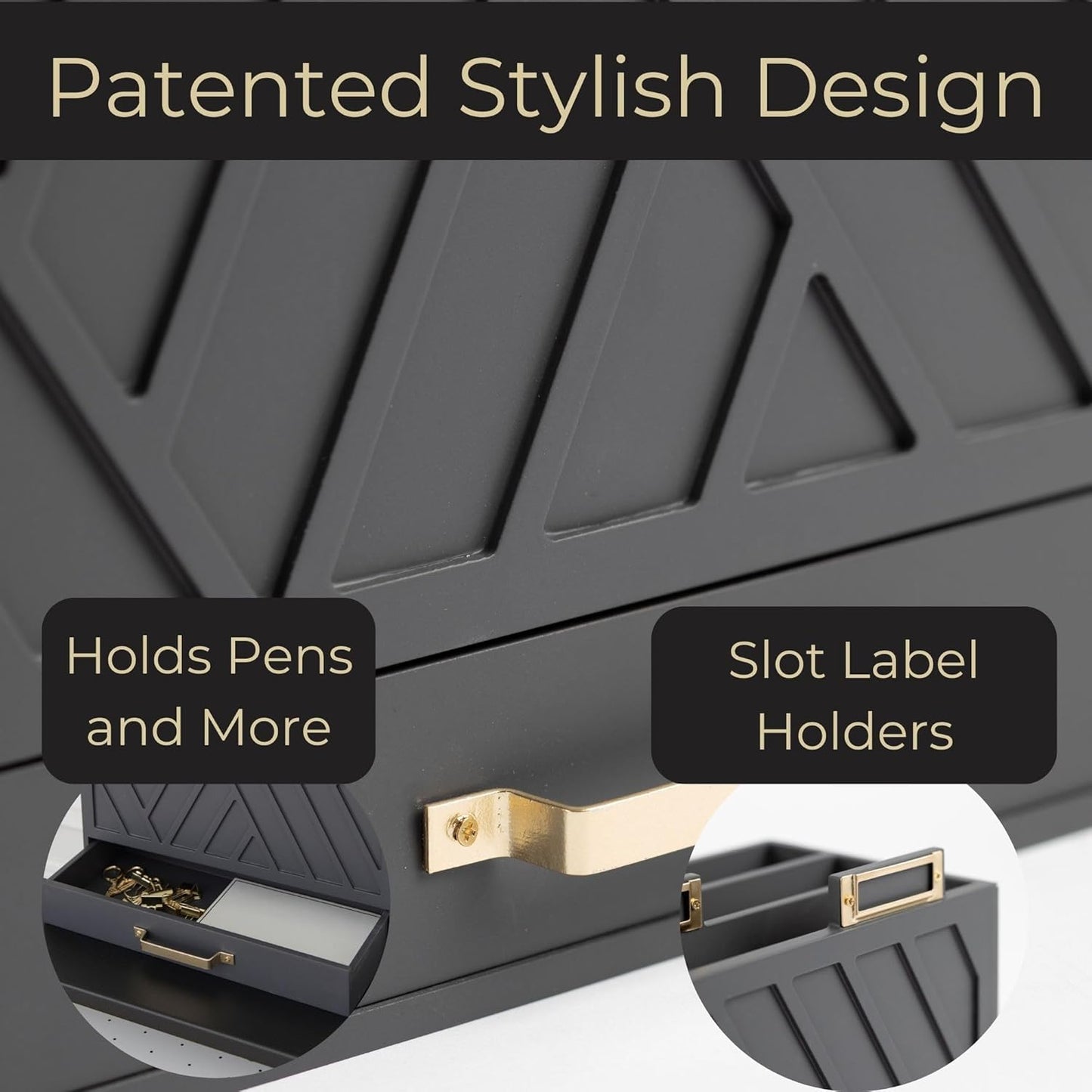 BLU MONACO Grey Desktop Mail Organizer – Three-Tiered with Gold Label Holders and Drawer – Stylish Mail Holder and Countertop Document Storage for Home or Office