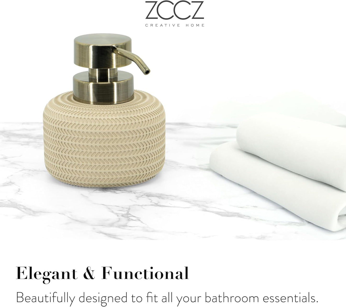 ZCCZ Beige Bathroom Accessories Set 4 Pcs - Toothbrush Holder, Soap Dispenser, Vanity Tray, Tumbler - Countertop Organizer for Bathroom Decor - Stylish and Functional Accessory Set for Home