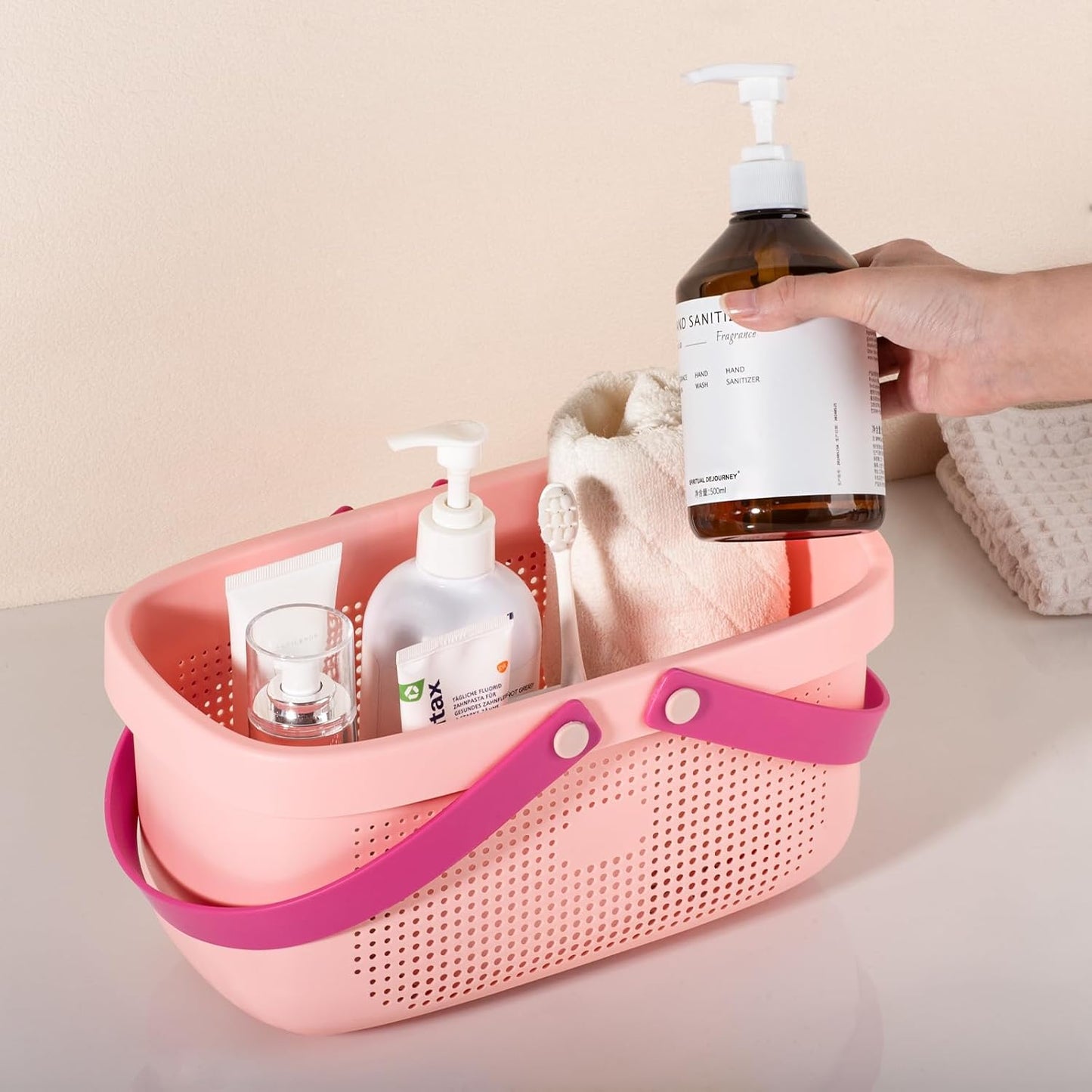 JiatuA Plastic Storage Basket with Handle Portable Shower Caddy Tote Organizer Basket Bin for Bathroom Kitchen Dorm Room Bedroom, Light Pink