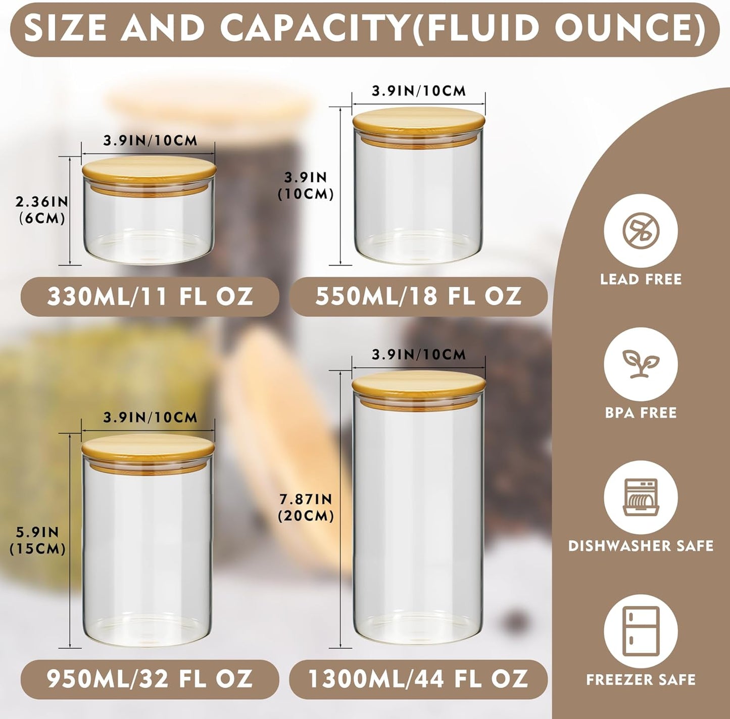 2PCS Glass Storage Jars with Airtight Lids,44 fl oz (1300ml) Cute Clear Storage container with bamboo Lid,Glass Pantry Canister for Beans, Rice,Sugar,Cookie Coffee (N-Clear-2PCS-44FL OZ/1300ML)