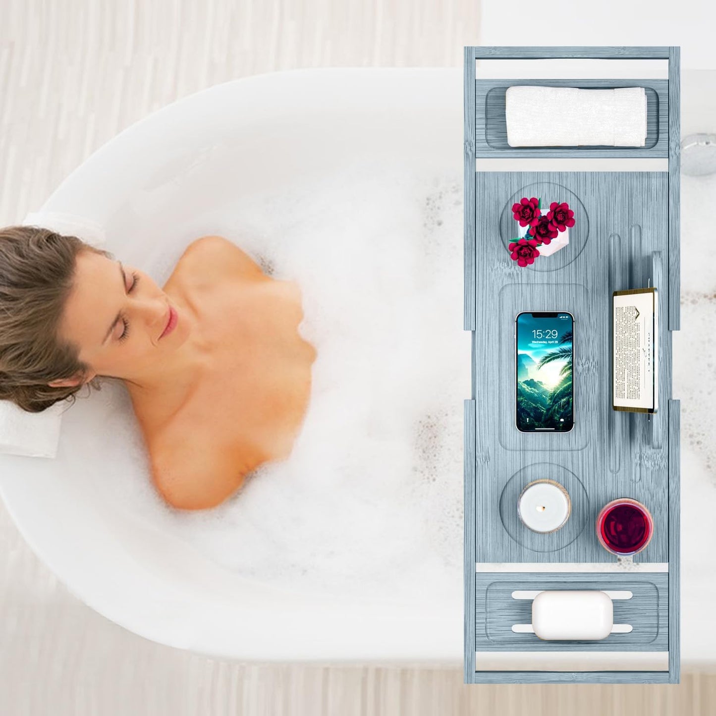 Bathtub Tray Caddy - Bath Tray - Bath Tub Tray Caddy - Bamboo Bath Tray for Tub - Expandable Size, Fits Most Tubs