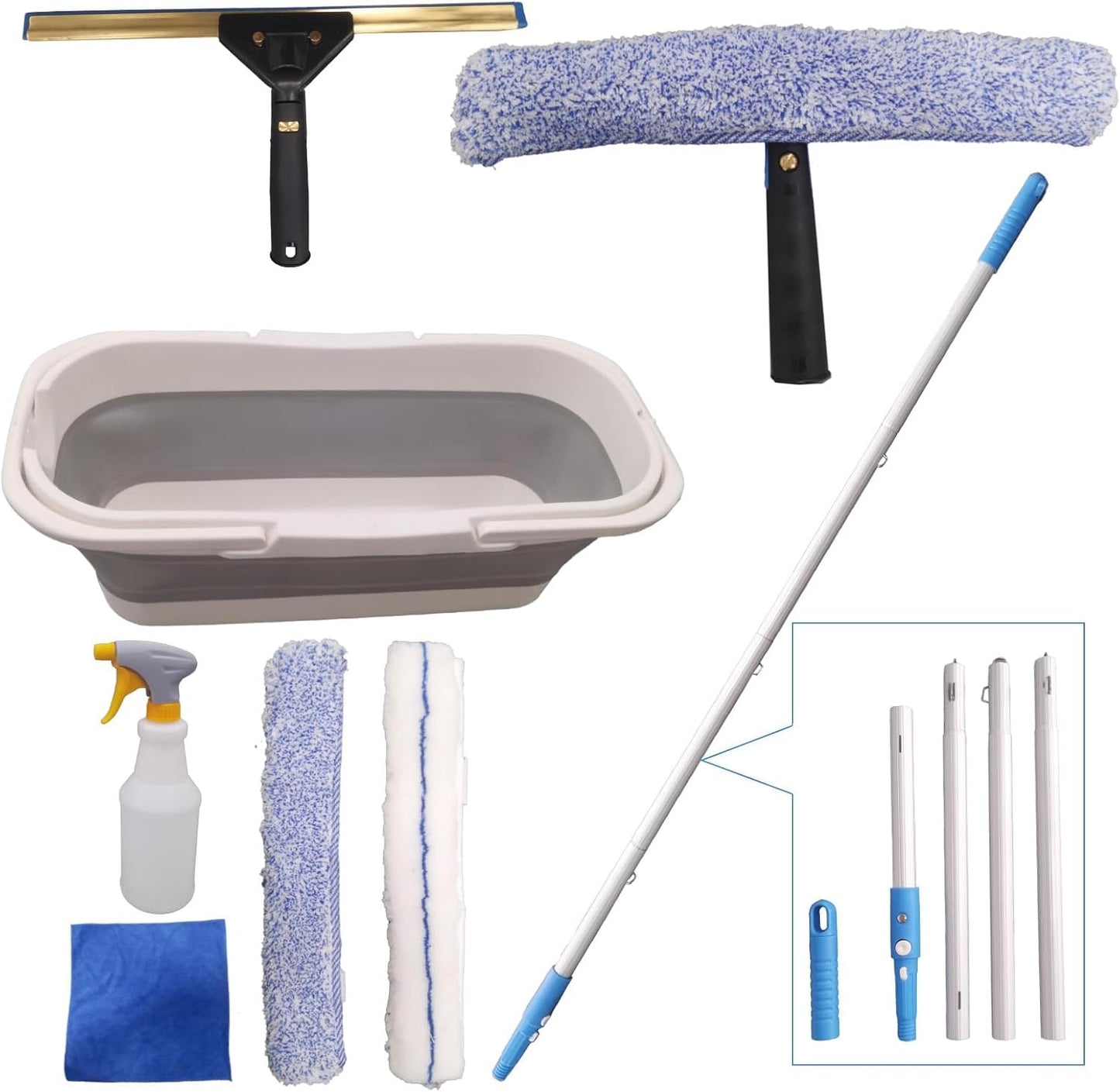 ﻿Pro Window Cleaning Kit with Storage Bucket, with 4 13 inch Extension Rods, Scrubber, Spray Bottle, Rag and Scraper with Rotating Head - Car/Home Glass Cleaning System