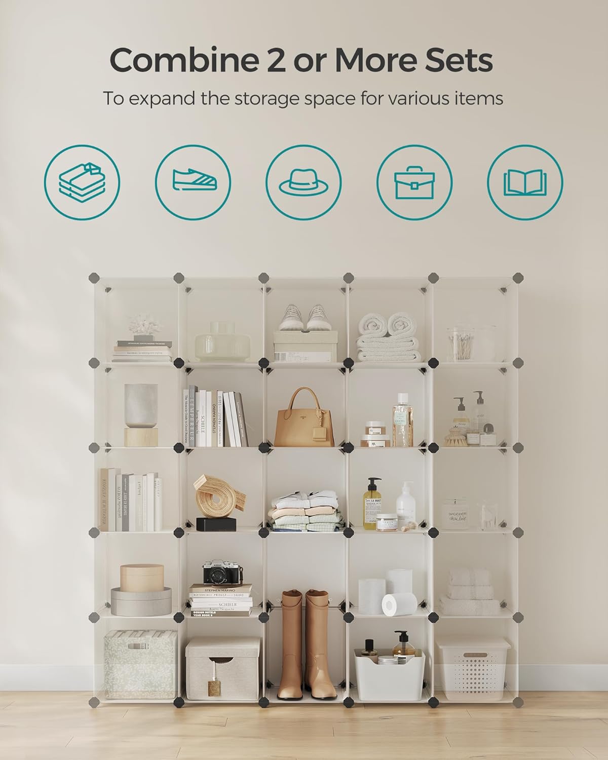 SONGMICS Cube Storage Organizer, Set of 16 Plastic Cubes, Closet Organizers and Storage, Room Organization, Bedroom Living Room, 12.2 x 48.4 x 48.4 Inches, Cream White ULPC442M01