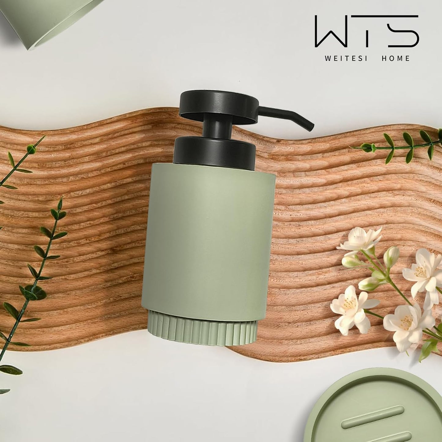 Resin Bathroom Accessories Set, 4 Pcs Modern Bathroom Accessory Set with Liquid Plastic Pump Lotion Soap Dispenser,2 Toothbrush Cup, Soap Dish Countertop Vanity Organizer(Sage Green)