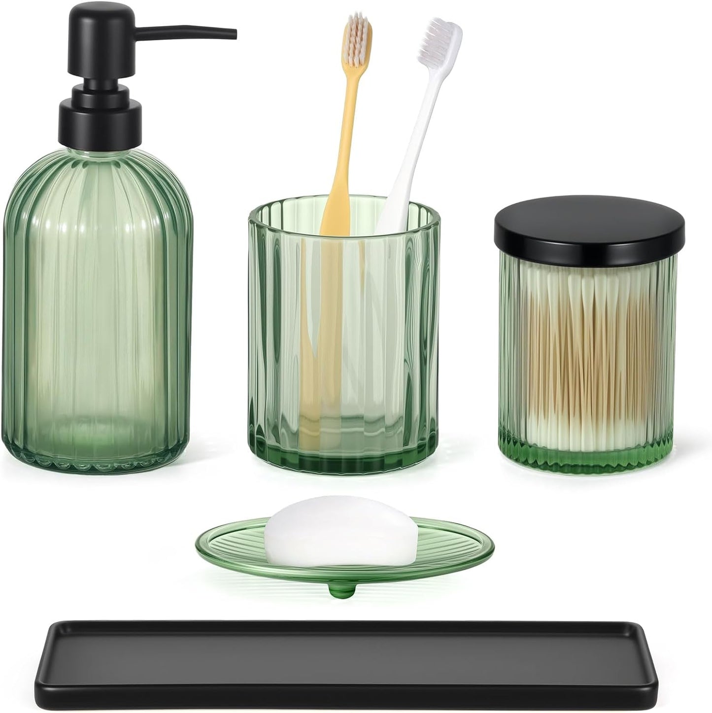 Shinowa Bathroom Accessories Set, 5 Pcs Clear Glass Bathroom Accessory Sets Complete with Soap Dispenser, Toothbrush Holder, Q-Tips Holder, Soap Dish, Ceramic Tray, Vanity Organizer, Green