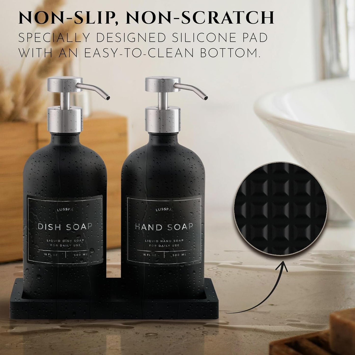 Lotion, Hand & Dish Soap Dispenser for Kitchen Sink - Bathroom Soap Dispenser Set of 2 16.8 Oz Glass Bottles with Stainless Steel Pump, 15 Water Proof Labels & Silicon Tray (Black/Silver)