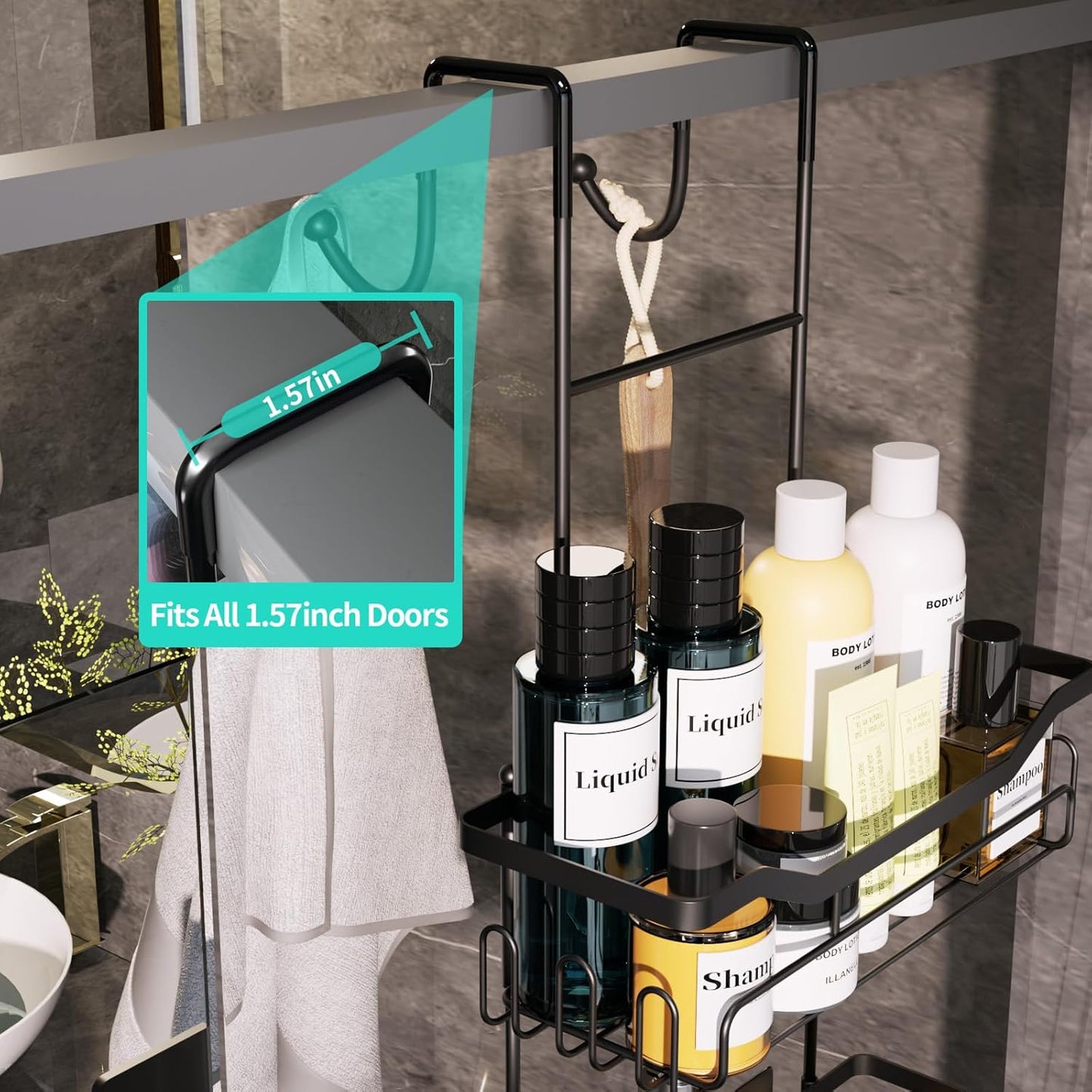 HapiRm Hanging Shower Caddy Over the Door with Soap Holder, No Drilling Adhesive Shower Organizer with 11 Hooks, Rustproof & Waterproof 304 Stainless Steel Bathroom Shelves - Black