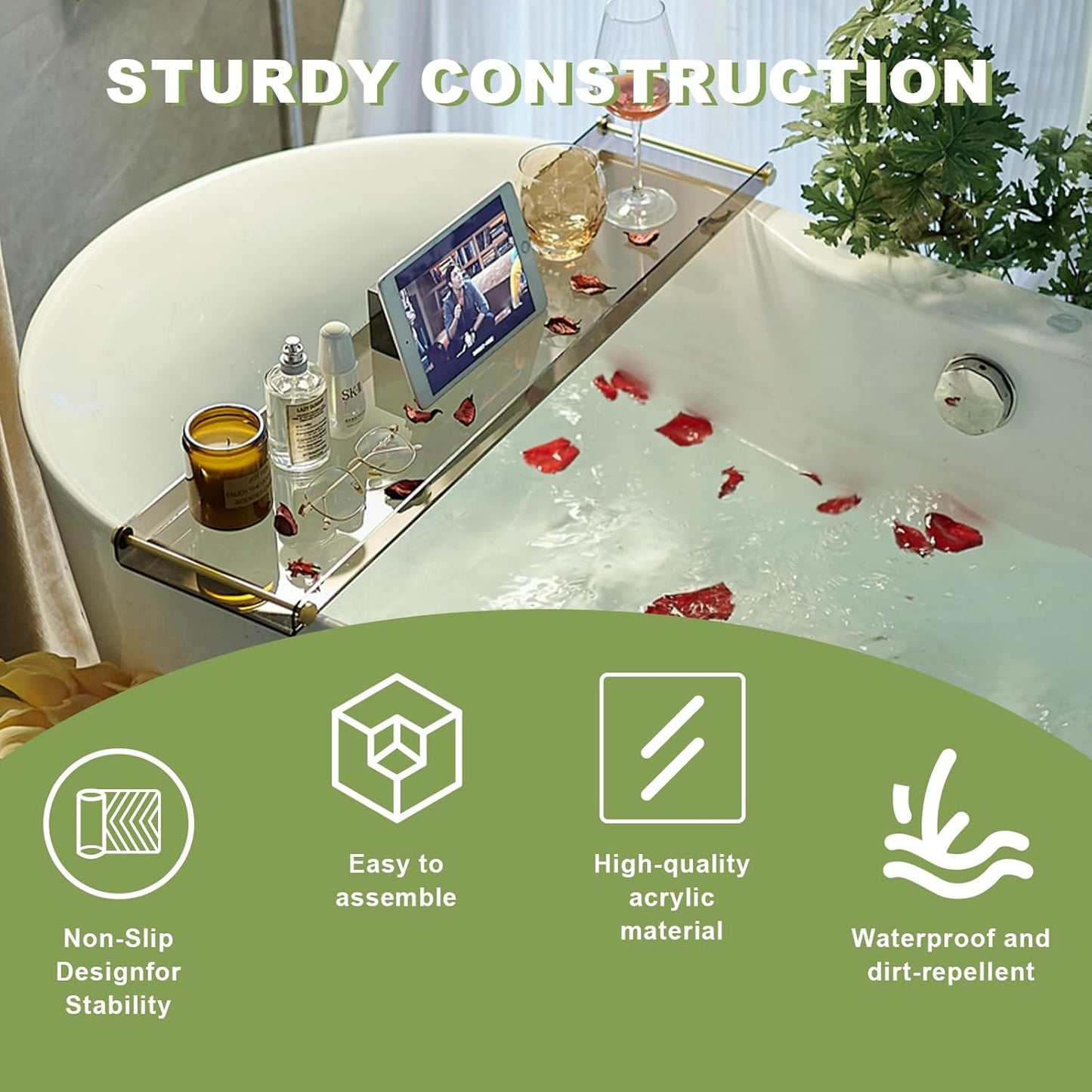 Acrylic Bathtub Tray Caddy, Clear Bath Shelf Tub Rack with Golden Handle, Luxury Bathroom Organizer Tablet Holder (Transparent Black) SHUNLI