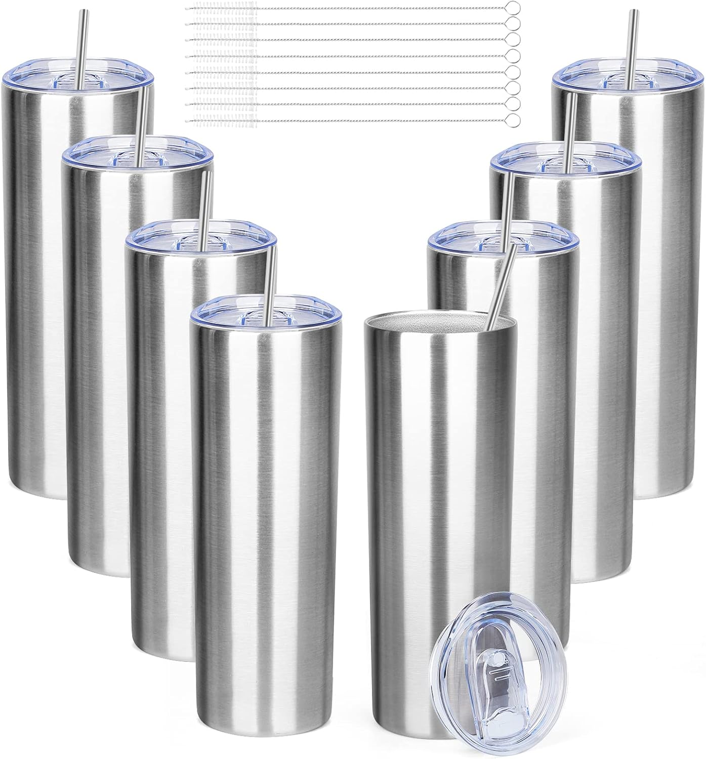 20 oz Skinny Tumblers with Lid and Straw,Stainless Steel Vacuum Insulated Tumbler Cup Double Wall Travel Coffee Mug, Thermal Water Tumbler for Hot and Cold Drinks(Silver,8)