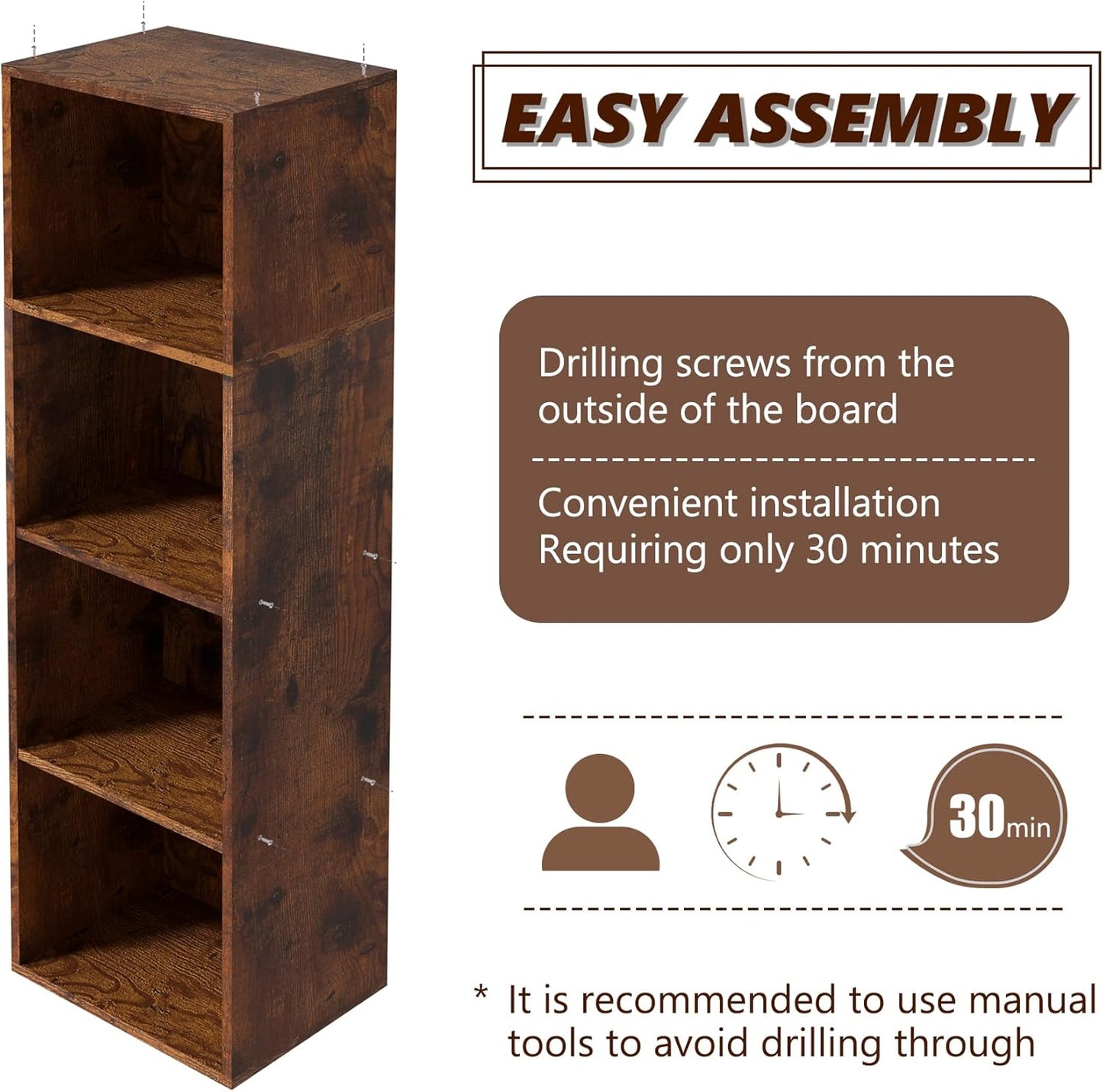 Wooden 4 Cube Storage Organizer, 4 Tier Storage Cubes Storage Display Cubby, 42 Inch Tall Versatile Cubes Shelf and Cubby Organizer for Any Space (Retro Brown, 4 Cube-W(11.8inch)