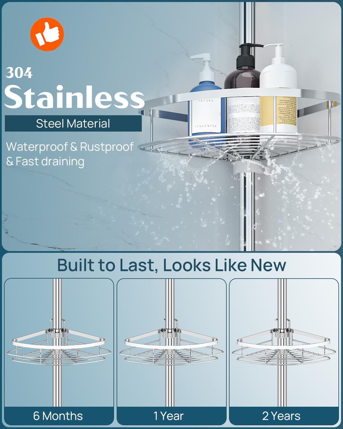 SEIRIONE Rustproof Shower Corner Caddy Organizer for Bathroom, 4 Adjustable Shelves with Tension Pole, for Bathtub Shampoo Accessories Storage Holder, 34 to 116 Inch Height