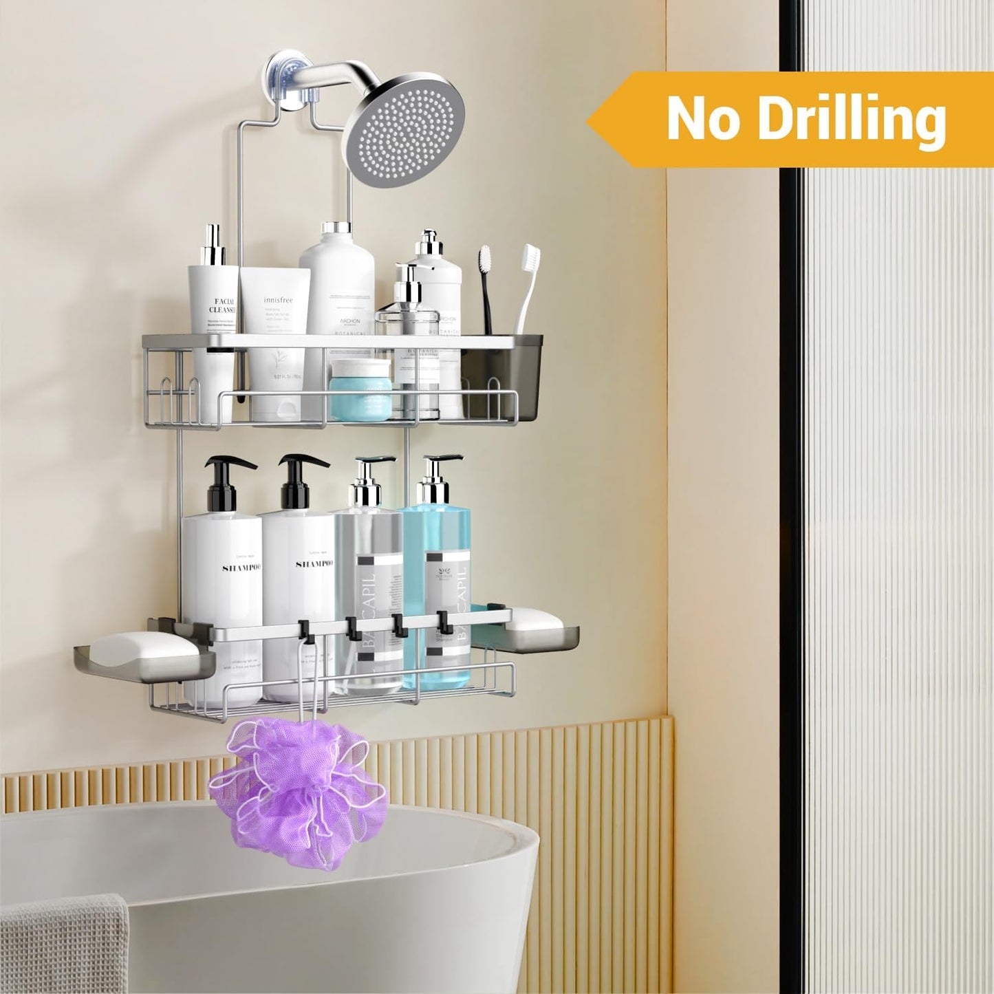 Shower Caddy Hanging Bathroom Organizer: Rustproof Shower Shelf for Inside Shower - No Drilling Shower Racks Over Showerhead - Bath Shelves Rack for Shampoo Soap Chrome