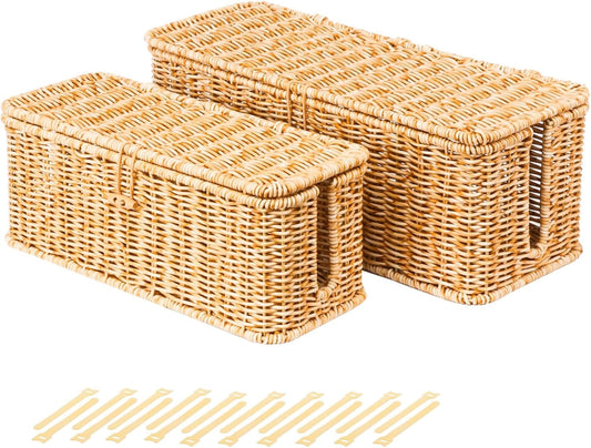 BROWNLILY Cable Management Box, Rattan Style Cord Organizer for Desk Cord Hider Outlet Covers Baby Proofing for Power Strip TV PC Router Charger Under Desk Storage with Lockable Lid and Cable Ties