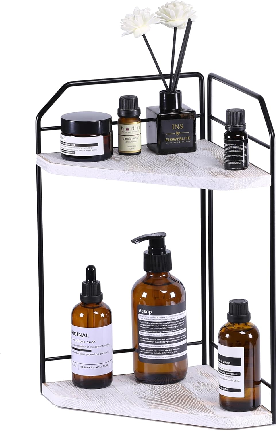 Corner Bathroom Counter Organizer - 2 Tier Wood Vanity Counter Shelf Perfume Skincare Holder, Countertop Corner Shelf Organizer for Bathroom, Kitchen, Rustic White