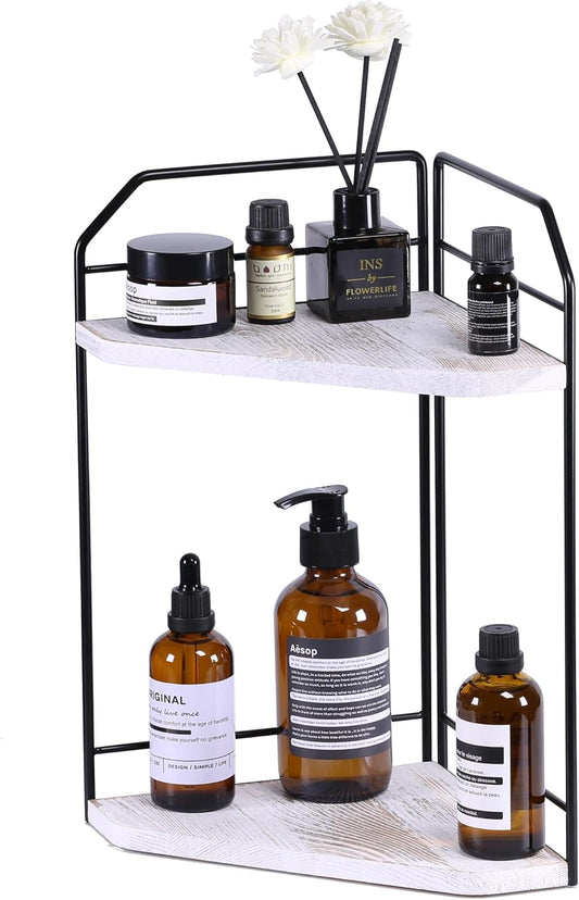 Corner Bathroom Counter Organizer - 2 Tier Wood Vanity Counter Shelf Perfume Skincare Holder, Countertop Corner Shelf Organizer for Bathroom, Kitchen, Rustic White