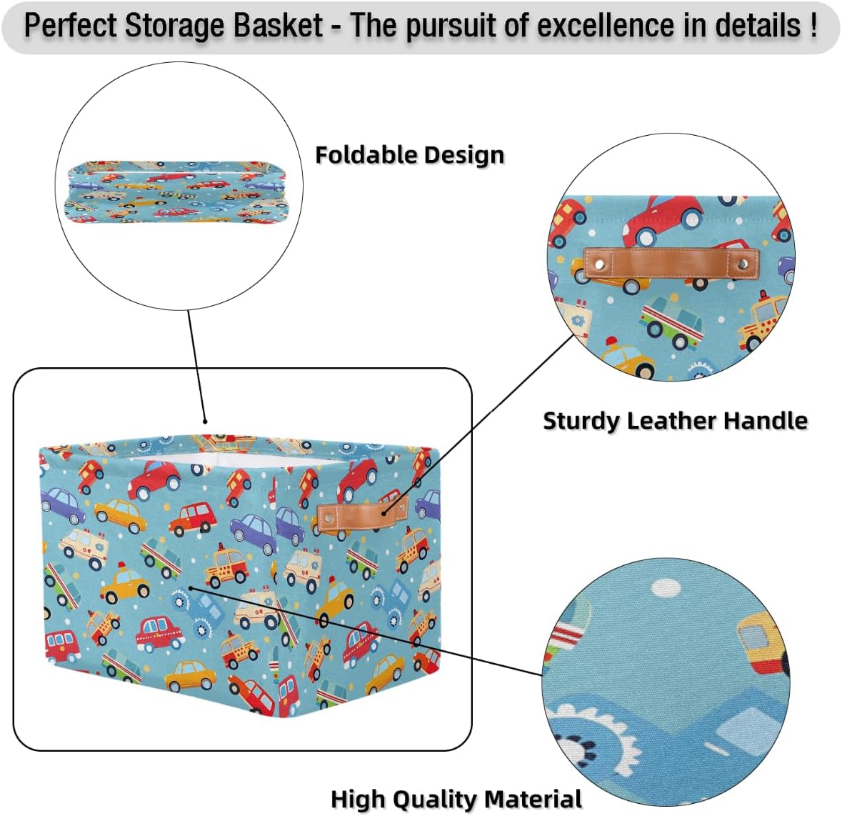 Cartoon Cars Storage Basket for Shelves, Storage Bins with Handles, Collapsible Basket for Organizing, Closet Toy Baskets for Nursery Room, 15x11x9.5 in, Canvas, Cute Cars Trucks