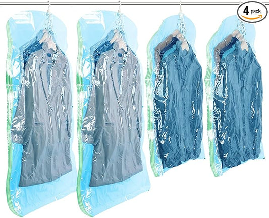 TAILI Hanging Vacuum Storage Sealer Space Saver Bags for Clothes, Coat, Closet Organizers, 4 Pack (2 Long, 2 Short) Blue