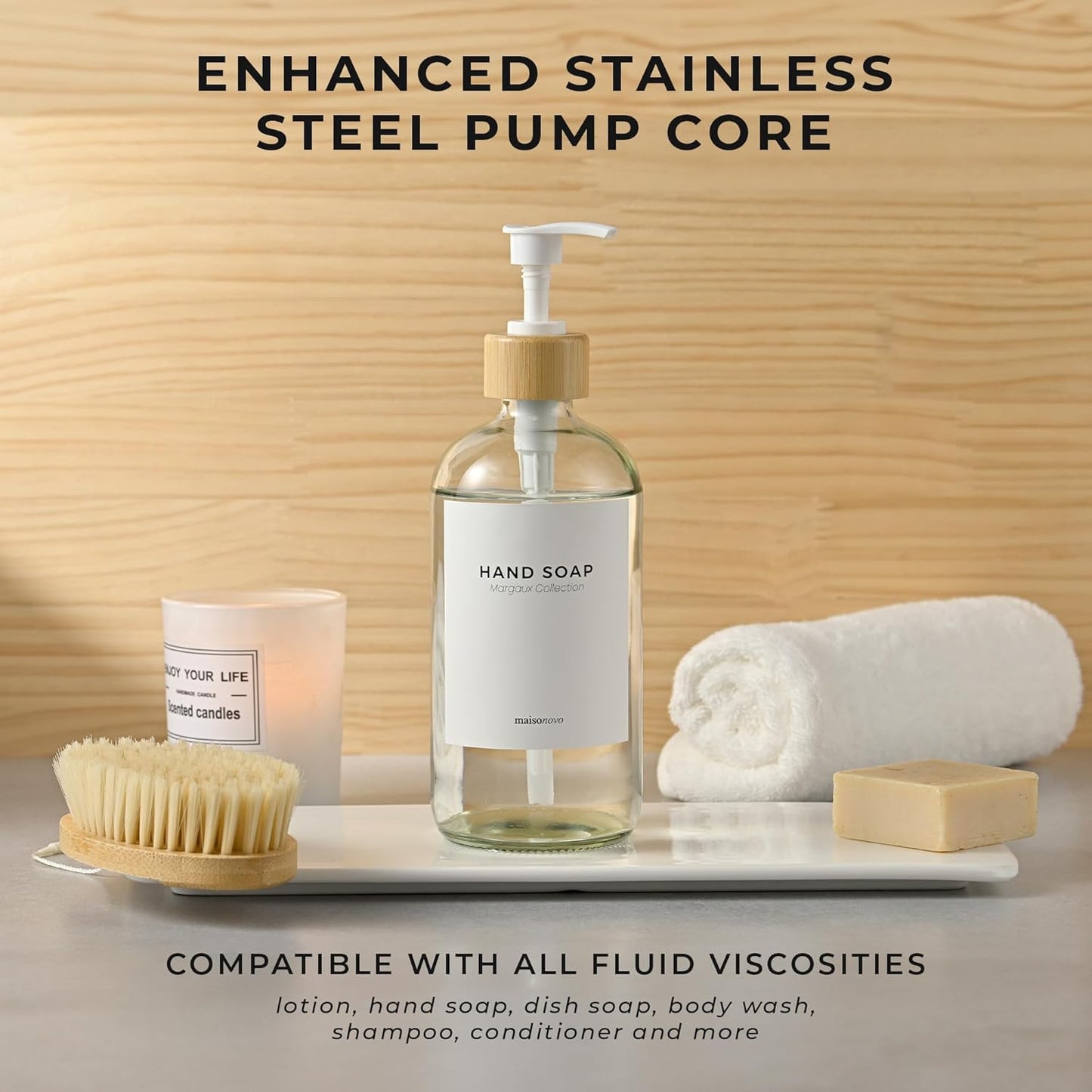 MaisoNovo Glass Hand Soap Dispenser | Dish Soap Dispenser for Kitchen | 16.9oz Clear Bottles with White Bamboo Pump | Bathroom Lotion Dispenser