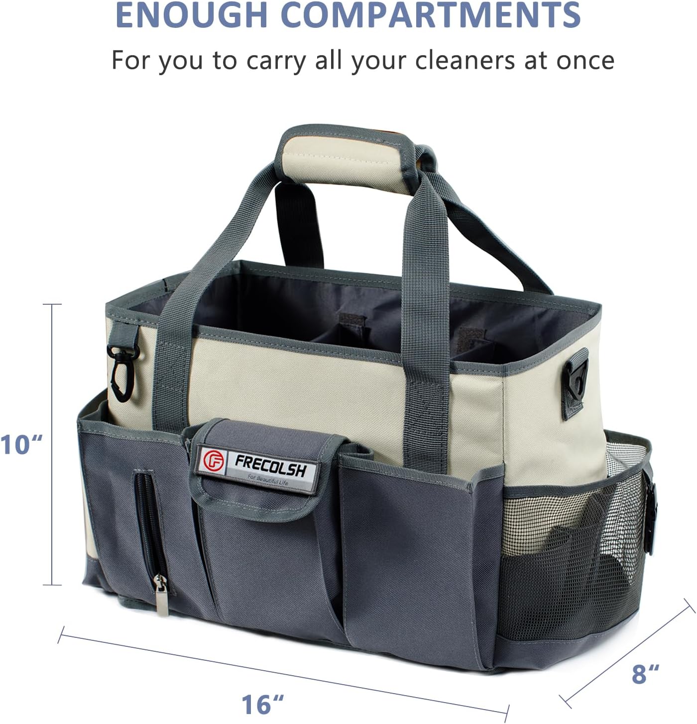 Large Cleaning Caddy for Suppliers Organizer,15'' Professional Organizer with Handle,Wearable Cleaing Bag,Cleaning Storage Caddy,Cleaning Housekeeping,Ivory-Grey