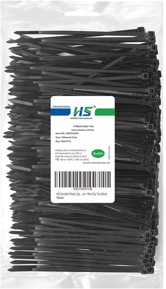 HS Durable Plastic Zip Ties 4 Inch (Bulk-1000 Pack) Small Tie Wraps Thin 18 Lbs Self-Locking Nylon Cable Ties for Electronics Organizer, Wire Zip Ties UV Rated Black