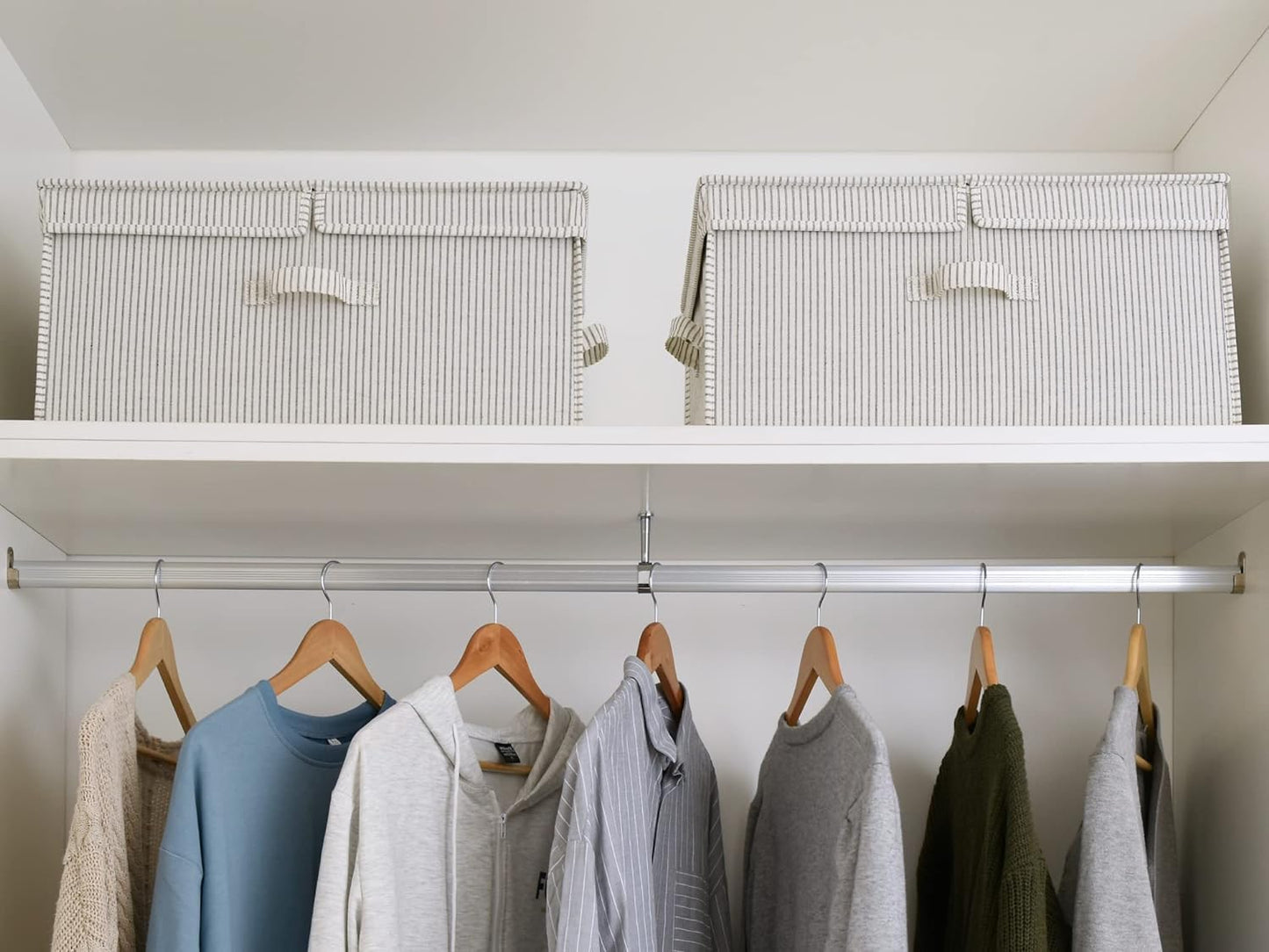 StorageWorks Extra Large Storage Bins with Lids, 55L Decorative Organizer with Divider Board, Fabric Boxes with Handles, Khaki and Beige Stripes, 2-Pack