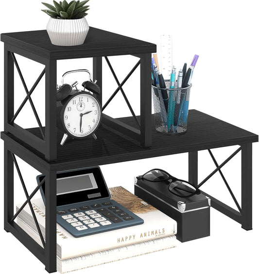 ELITEROO Wood Desktop Shelf, Freestanding Small Bookshelf Dorm Supplies Organizers, 2 Tier Independent Stackable Desk Stand, Adjustable Storage Organizer, Kitchen Counter Display Rack, Black