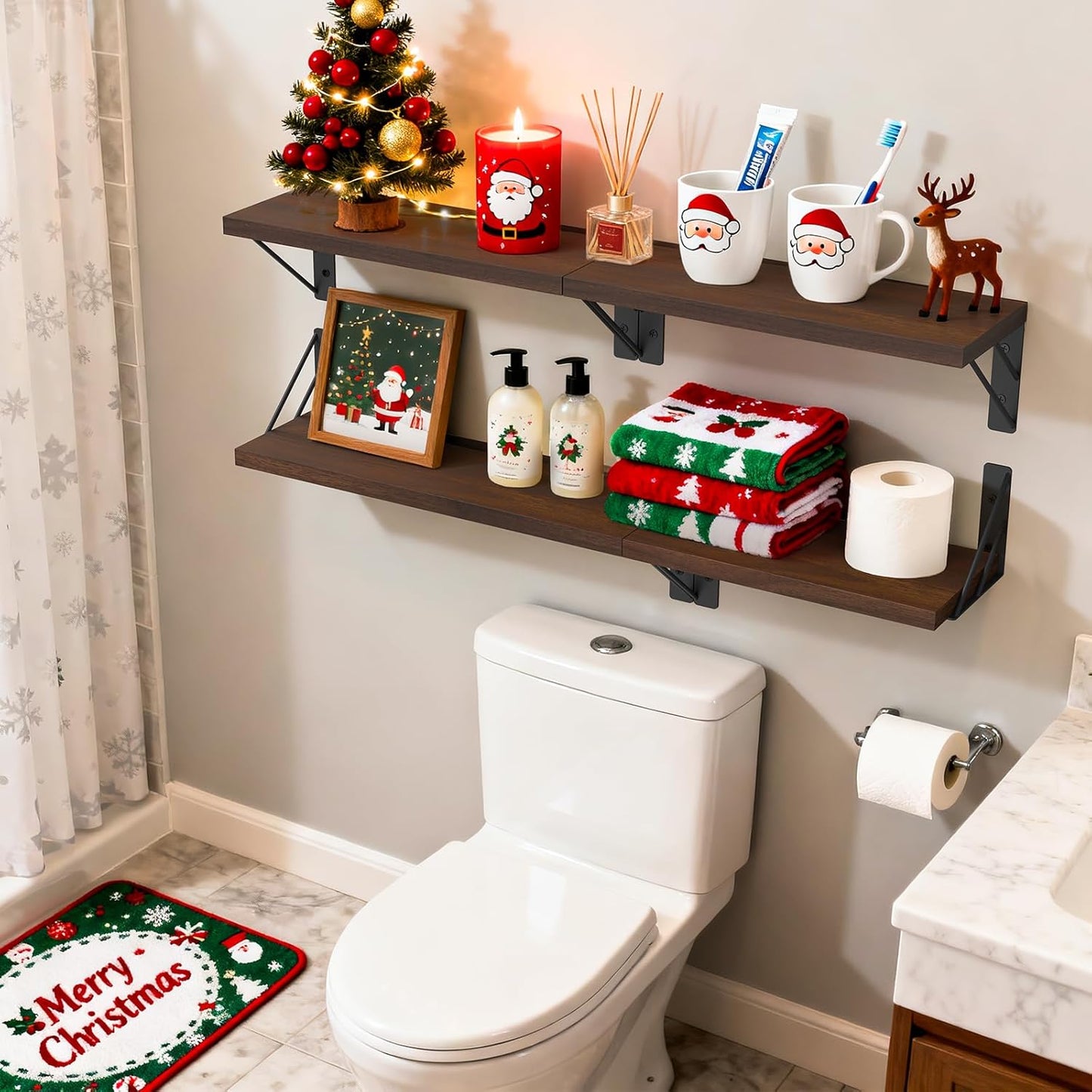 BAYKA Floating Shelves for Wall, Book Shelf for Bedroom, Decor Shelves for Living Room Kitchen, Mounted Wood Floating Shelf for Home Decor, Corner Shelf for Bathroom, Office(Walnut-Toned,Set of 4)