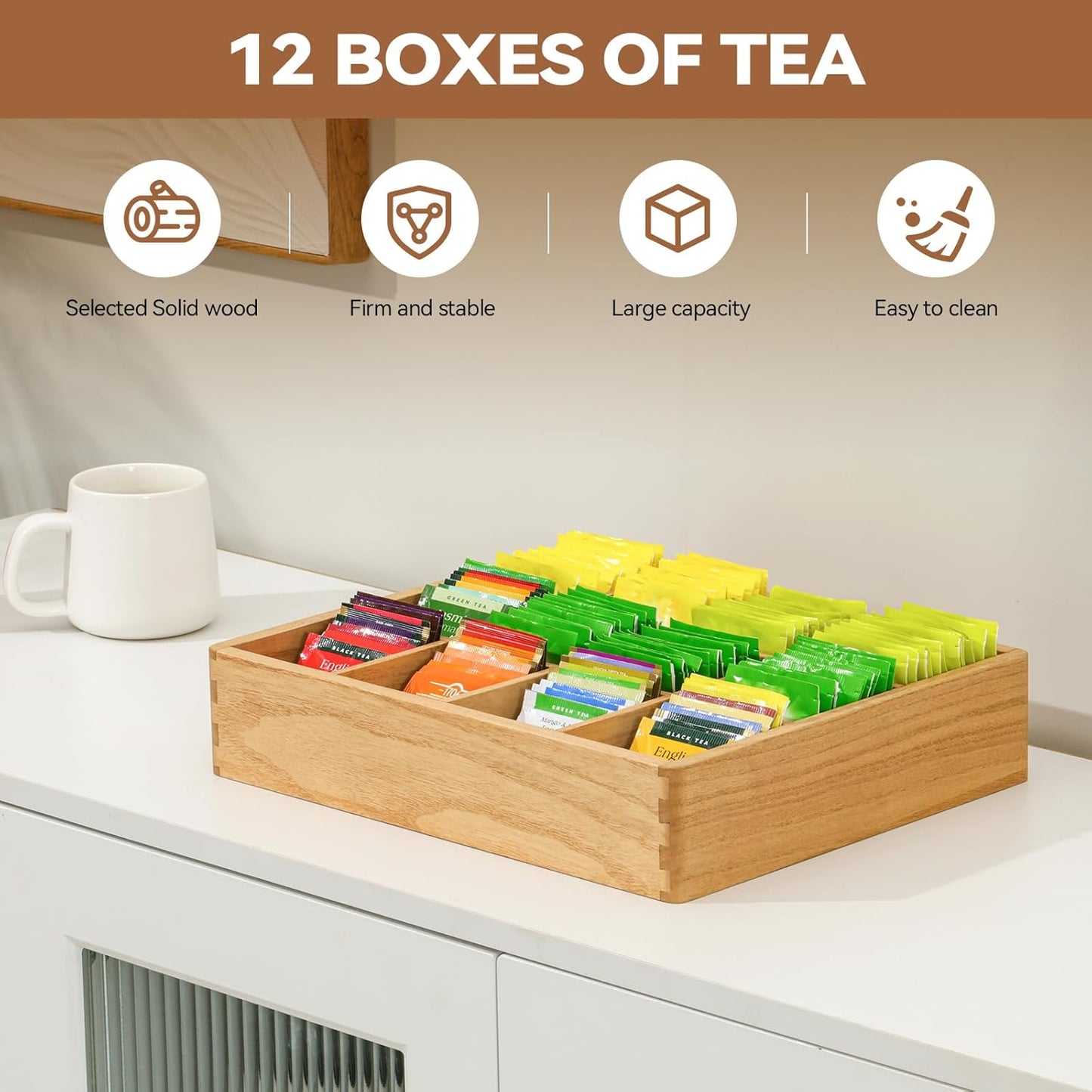 KIRIGEN Wood Tea Organizer 12 Compartments Tea Bag Holder Wooden Coffee Storage Box for Home and Office CYH12-NA