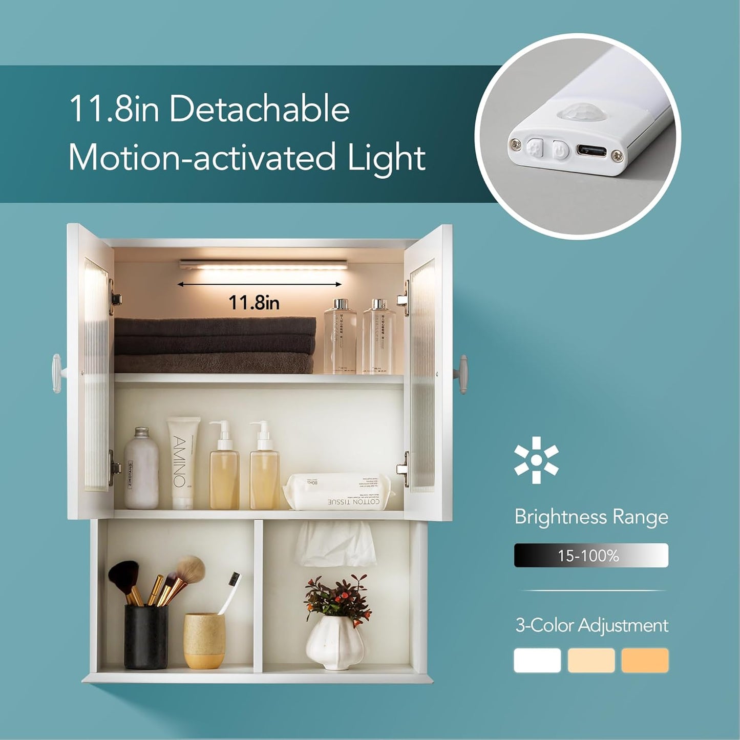 Bathroom Wall Cabinet with Lighting & Tissue Hole, Wall Mounted Glass Door Medicine Cabinet Over Toilet Storage for Laundry Room Kitchen