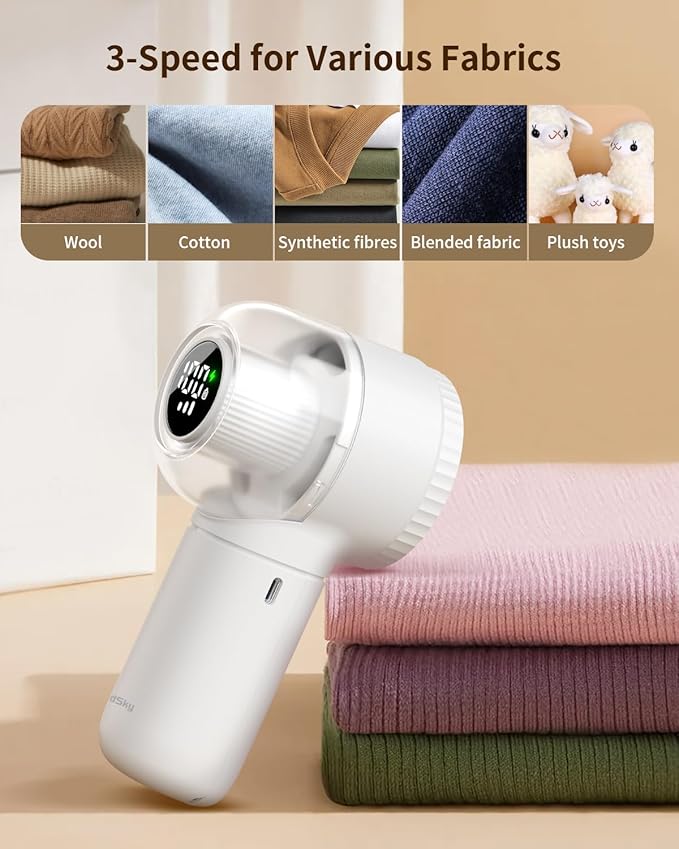 Fabric Shaver, 𝟮 𝗶𝗻 𝟭 Rechargeable Lint Remover with Brush, Large Sweater Shaver with Digital Display, 3 Speeds Lint Shaver, 6-Leaf Blades Lint Remover for Clothes, Sofa, Bedding, White