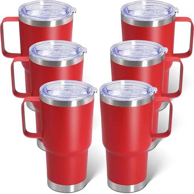 20 oz Tumbler with Handle and Lid, Stainless Steel Tumbler Insulated Travel Coffee Mug, Spill Proof Double Wall Vacuum Tumbler Cup Keep Drink Hot & Cold, Red, 6 Pack