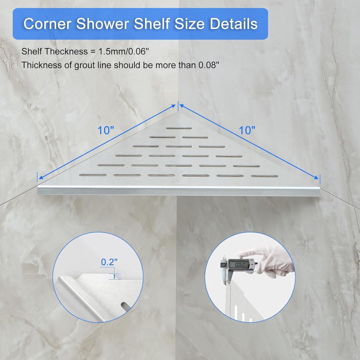 MENATT 10" No Drilling Corner Shower Shelf (2-Pack) – Recessed Stainless Steel Shower Caddy for Tiled Walls, Brushed 304 Steel Bathroom Shelves, Wall Mounted Triangular Organizer