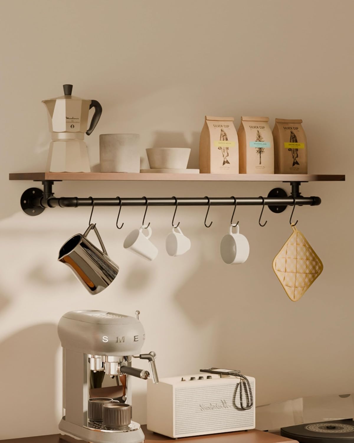 Bathroom Shelves Wall Mounted with Towel Bar, Industrial Pipe Single Tier Floating Shelf, Rustic Wood Shelf 42 Inch for Bathroom Kitchen Living Room Bedroom